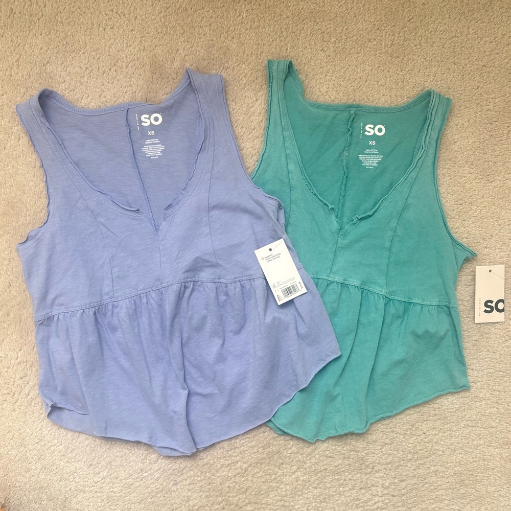 LOT OF 2 NWT BABYDOLL TANK TOPS SO KOHLS BRAND TEAL PURPLE PREPPY COQUETTE XS